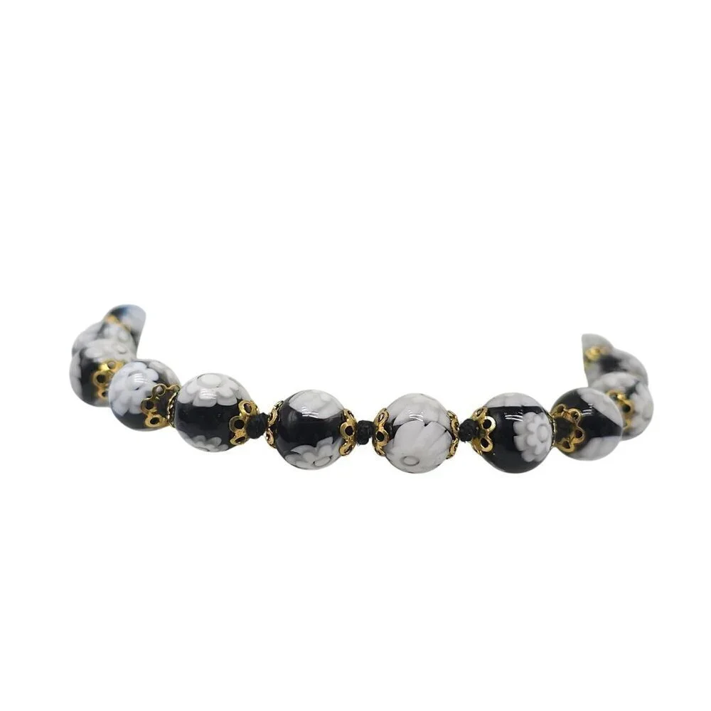 Murano Glass Black White Floral Beaded Bracelet Lobster Clasp 7.5 Inches